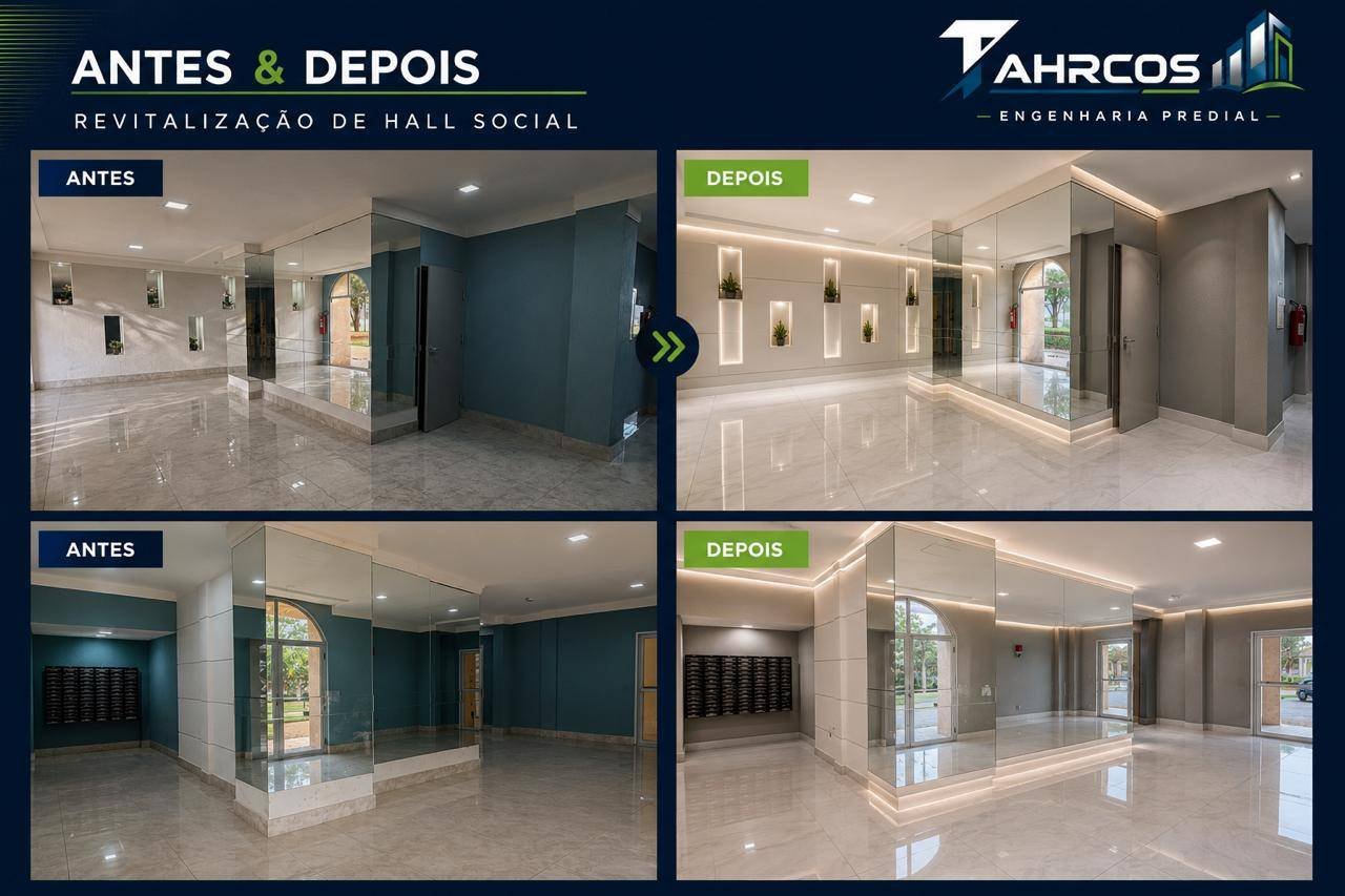 Antes e depois de hall social revitalizado