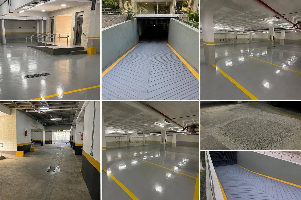 Piso epóxi de garagem com vagas demarcadas
