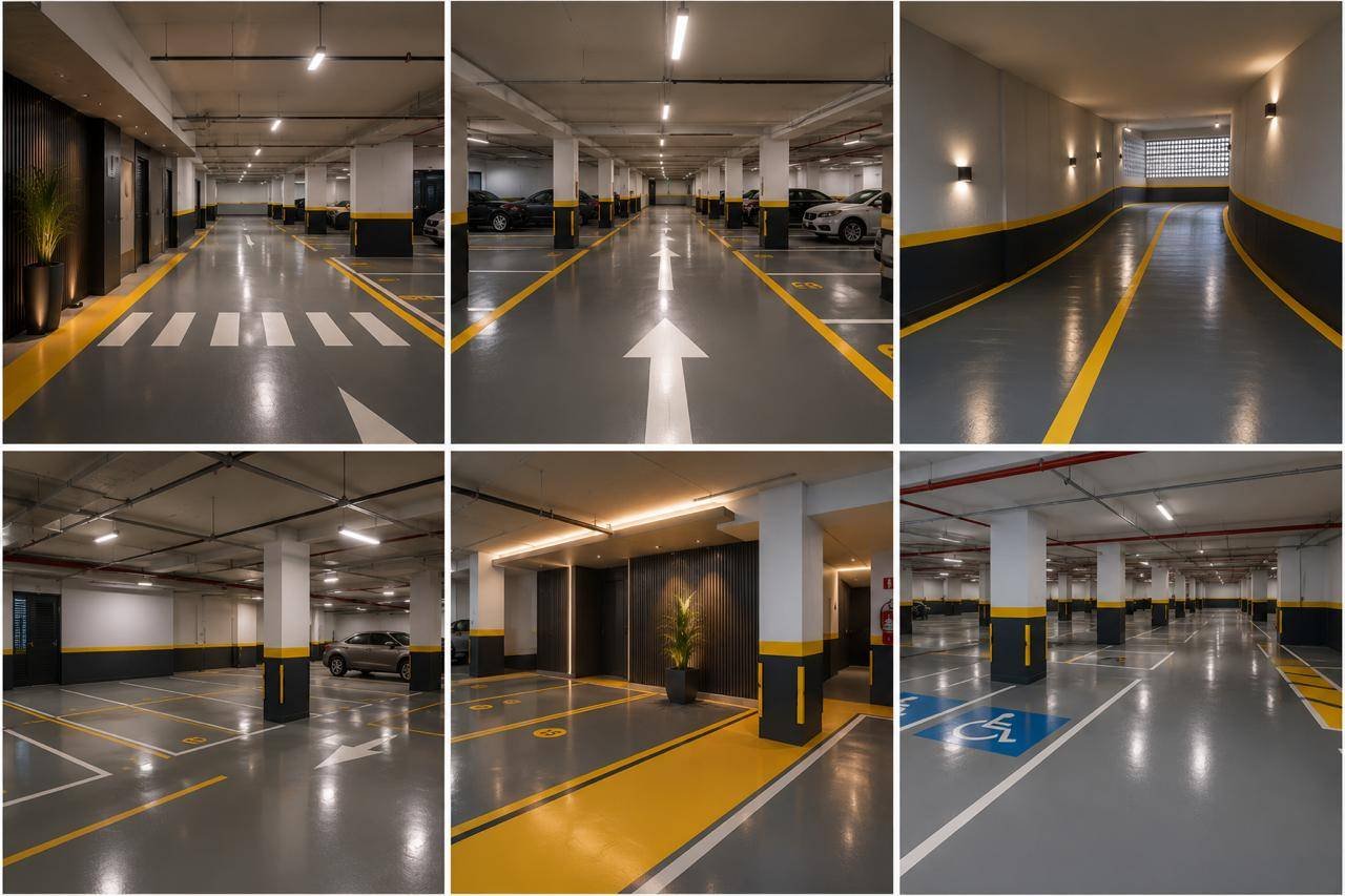 Garagem com pintura de piso e sinalização horizontal