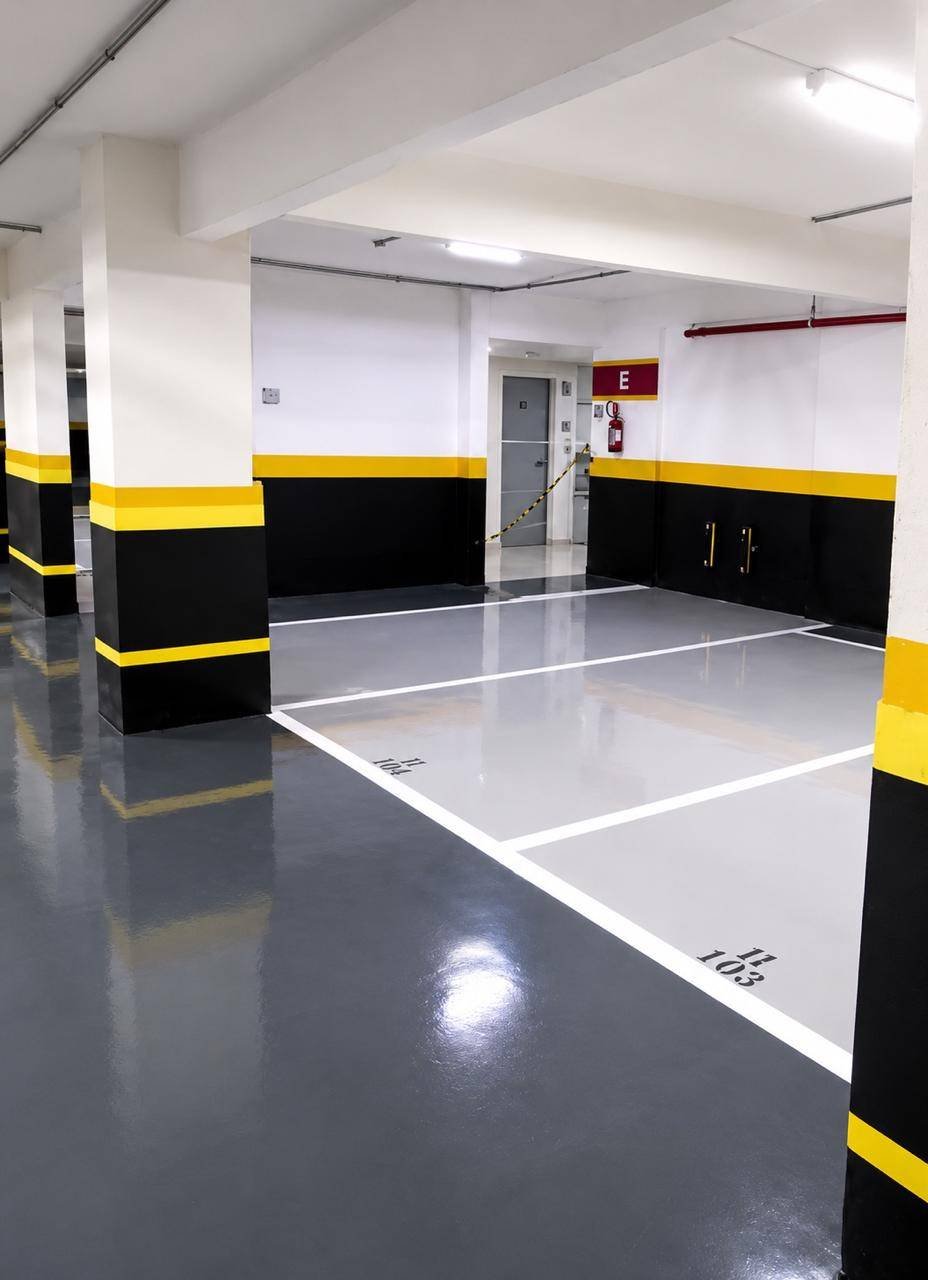 Pilares de garagem pintados em amarelo e preto